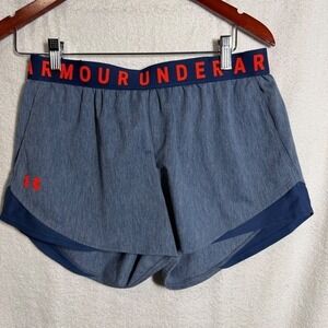 Under‎ Armour Women's Blue Heathered Athletic Shorts Orange Logo Size MD